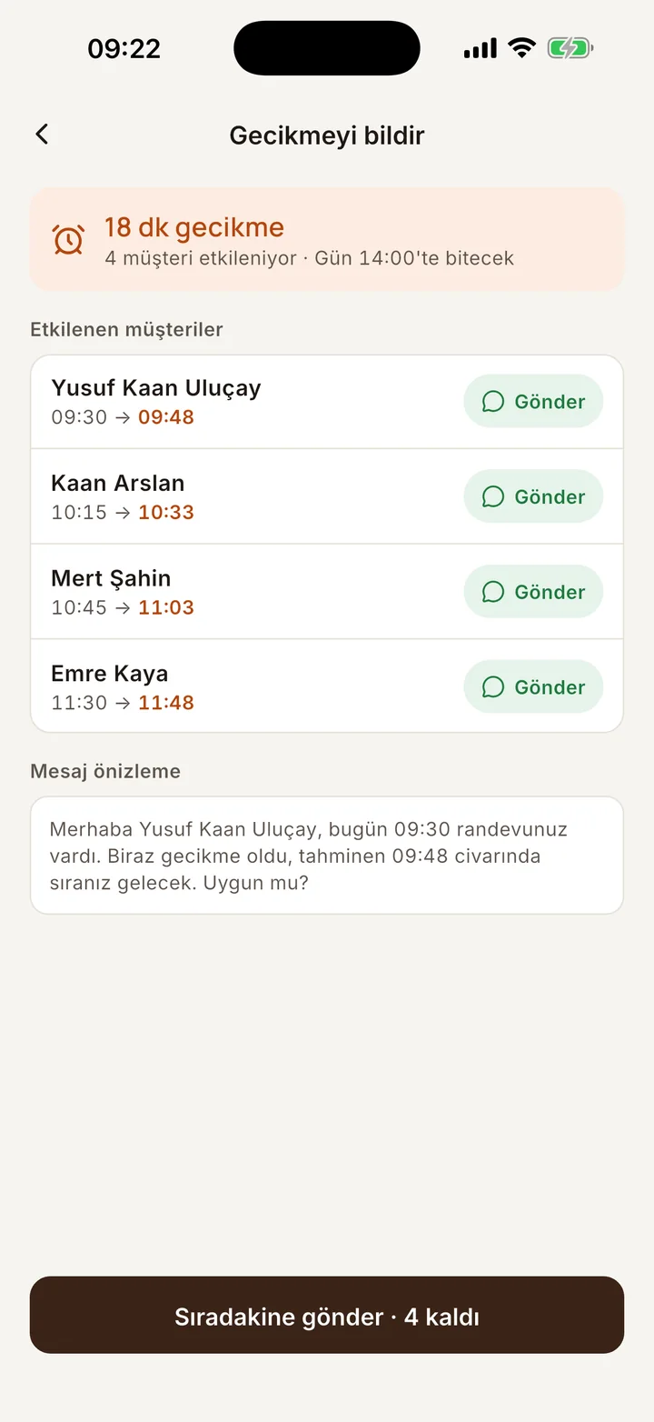 Gecikmeyi bildir ekranı: 18 dakika gecikme, etkilenen dört müşteri, her biri için Gönder düğmesi ve WhatsApp mesajının önizlemesi.