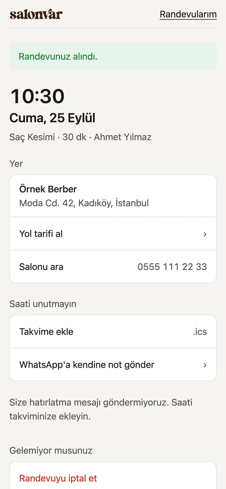 Onay sayfası: Randevunuz alındı, Cuma 25 Eylül 10:30, salonun adresi, yol tarifi ve Takvime ekle.