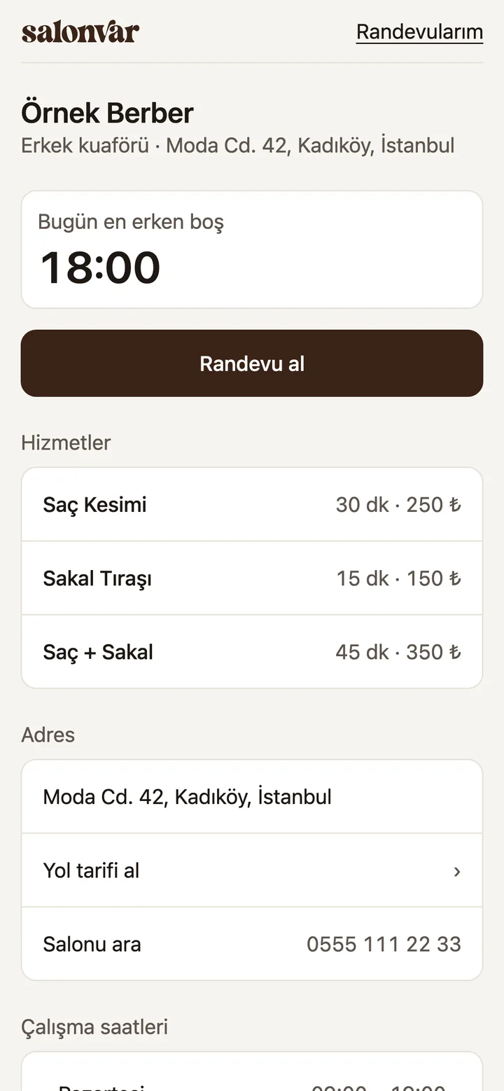salonvar.com/ornek-berber sayfası: bugünün en erken boş saati, Randevu al düğmesi, hizmetler, fiyatlar ve adres.