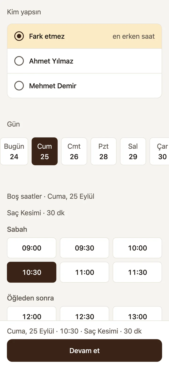 Randevu sayfasında gün ve saat seçimi: Cuma 25 Eylül açık, 10:30 seçili, altta Devam et düğmesi.